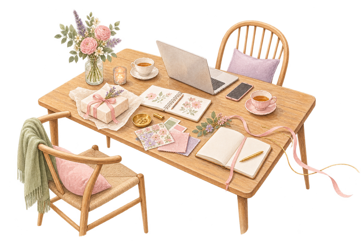 商品づくり、対話、クリエイティブが一つの机でつながるOFFICE DEARの仕事風景を描いた水彩イラスト