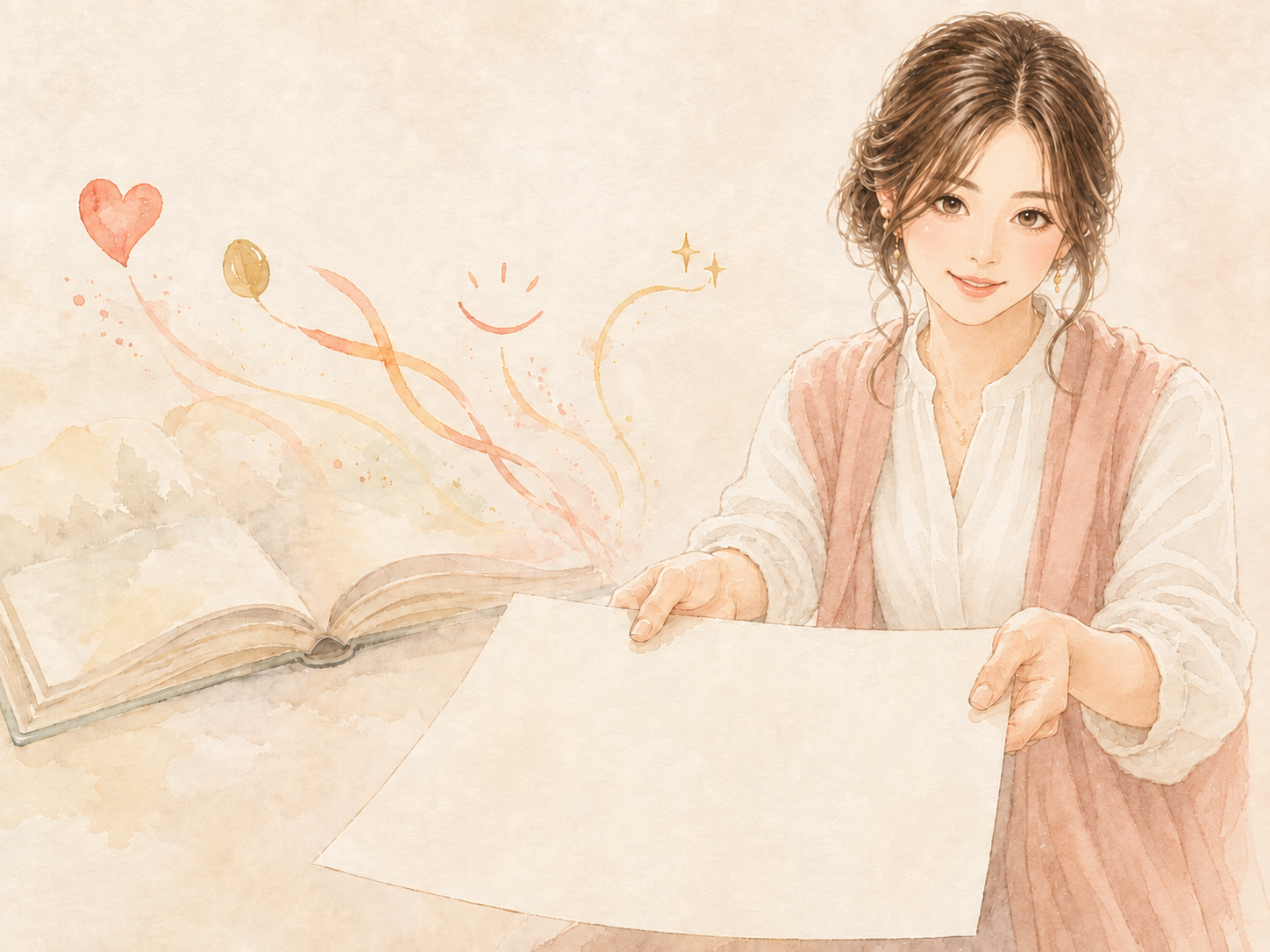 物語を通して登場した女性が、まだ何も描かれていない紙をこちらへ差し出す水彩画