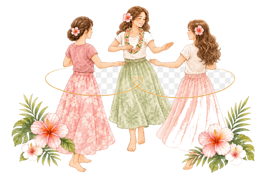 三人の女性が一緒にフラを楽しみ、好きから生まれるつながりを表したイラスト
