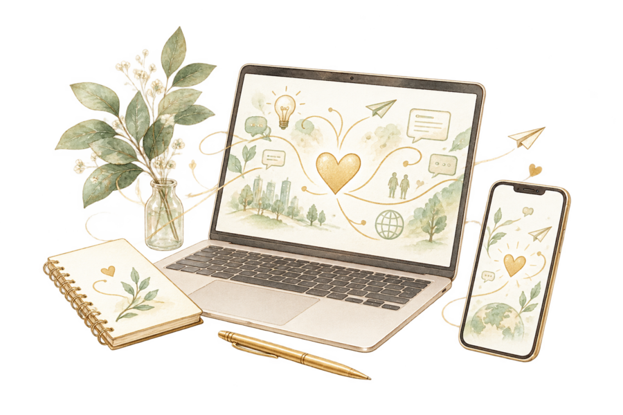 パソコン、スマートフォン、ノートとペンで、想いを伝えるクリエイティブを表したイラスト