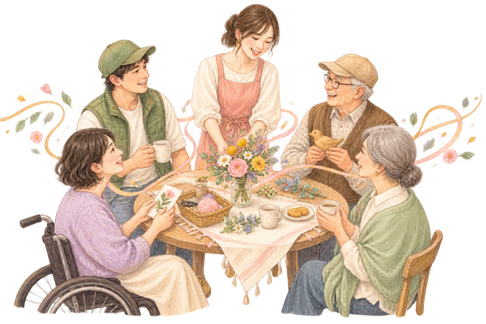 地域のさまざまな人が集い笑顔でつながる水彩イラスト