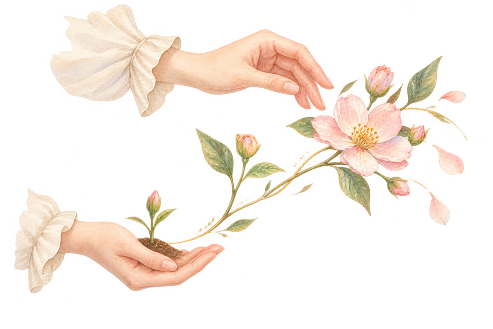 小さな芽を大切に育て続ける姿を描いた水彩イラスト