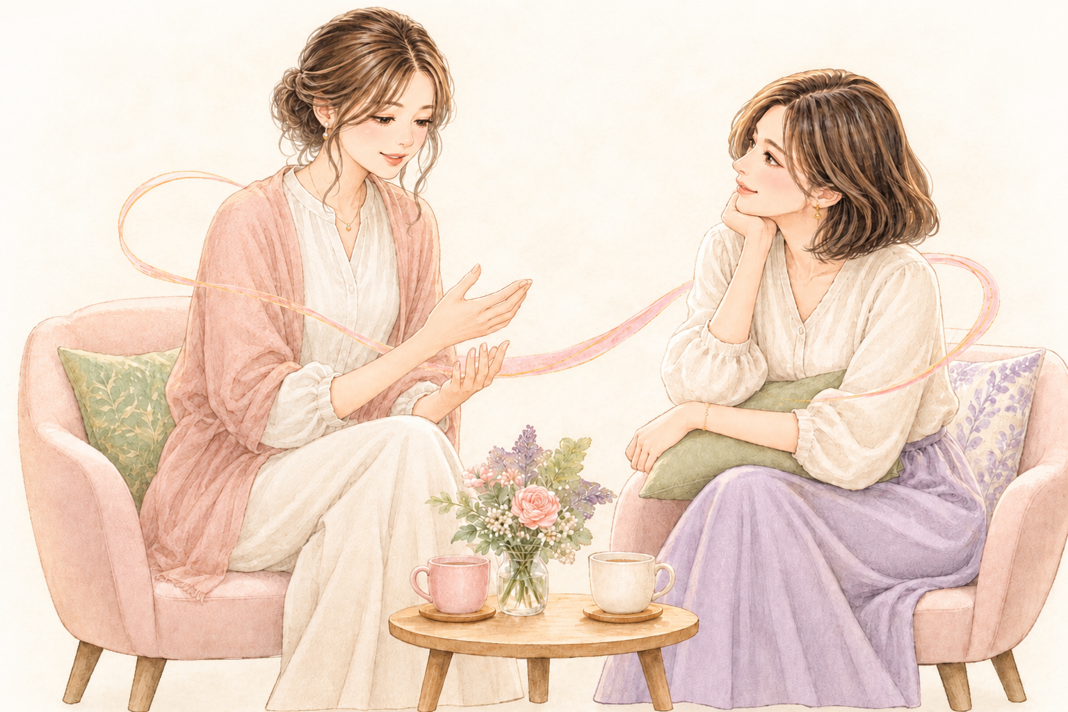 同じ主役の女性が、相手の話に心を寄せて耳を傾ける姿を描いた水彩イラスト