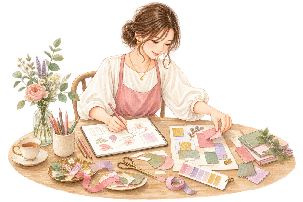 柔らかな発想を工夫しながらかたちにする姿を描いた水彩イラスト
